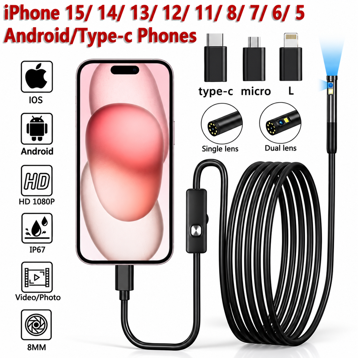🔍Smart HD Inspection Camera with Dual Lens & Waterproof Probe🛠️